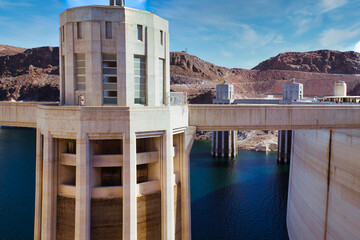 View of the Hoover Dam with intake towers, Nevada, USA