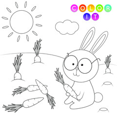 Black and White cartoon vector illustration. Anti-stress page for child.  Cute outline education game. Fantasy coloring page with rabbit. Coloring book, print, t shirt design, sticker, label.