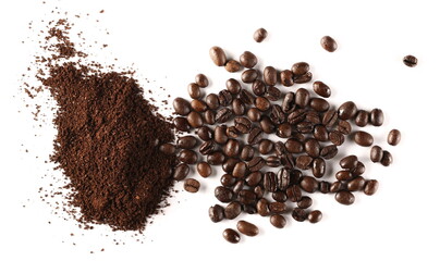 Pile of powder, instant coffee and beans isolated on white background, top view