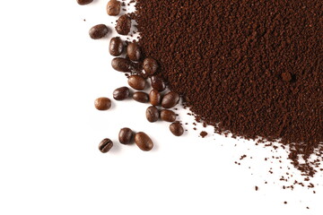 Pile of powder, instant coffee and beans isolated on white background, top view