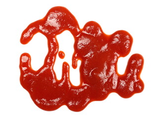 red ketchup splashes isolated on white background, tomato pure texture, top view