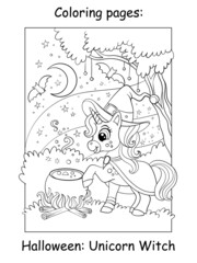Coloring book page cute unicorn witch Halloween