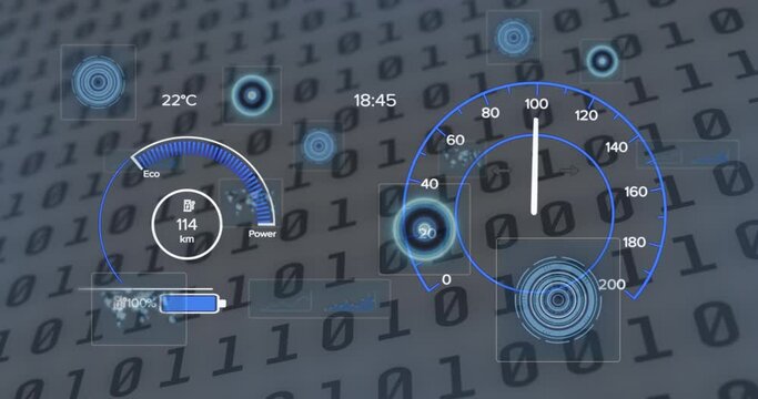 Animation of interface with charging battery icon and speedometer over binary coding
