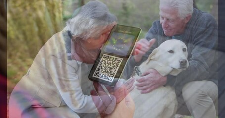 Animation of woman holding smartphone with covid 19 vaccination passport over senior couple and dog - Powered by Adobe