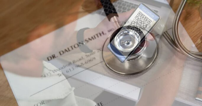 Animation of man holding smartphone with covid 19 vaccination passport over statoscope