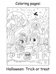 Coloring book page cute unicorns in mummy costumes