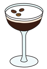 Stylish hand-drawn doodle cartoon style Espresso Martini cocktail vector illustration. For party card, invitations, posters, bar menu or alcohol cook book recipe