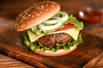 Burger with beef and salad.