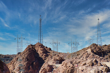 Power lines along the mountains around the Hoover Dam, Nevada, USA