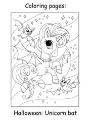 Coloring book page cute unicorn with Halloween
