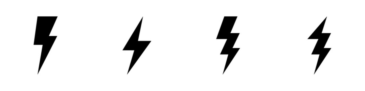 Conjunto de iconos de rayo. Concepto de electricidad, trueno o rel&aacute;mpago. Ilustraci&oacute;n vectorial, estilo silueta negro