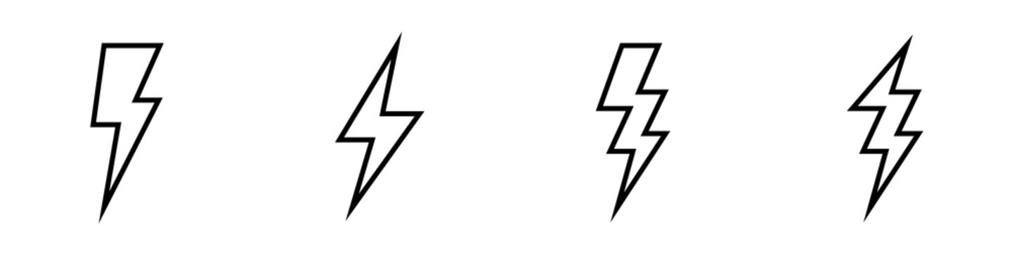 Conjunto de iconos de rayo. Concepto de electricidad, trueno o rel&aacute;mpago. Ilustraci&oacute;n vectorial, estilo l&iacute;nea negro