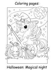 Coloring book page cute unicorn witch Halloween