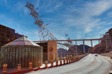 Electric tower in a crooked angle at Hoover Dam station, Nevada, USA