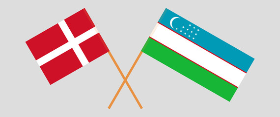 Crossed flags of Denmark and Uzbekistan. Official colors. Correct proportion