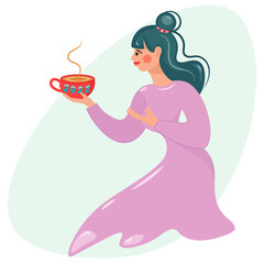 A beautiful girl holds a red cup of coffee in her hands. Young pretty woman in pink dress offers tea and coffee. Vector illustration for advertising hot drinks. Cartoon flat style.