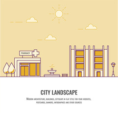 City landscape. Flat vector illustration. City apartment house. Pharmacy. Cityscape. Real estate concept. Office. Yellow flat illustration. Line style. Ecology. eps10. Street light. Trees. Business.