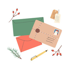 Set of different Christmas envelopes with mail, postage stamps and postcards, parcels, vector flat illustration.Set of various craft paper letters.