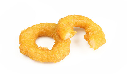 Bitten deep fried squid rings isolated on white background
