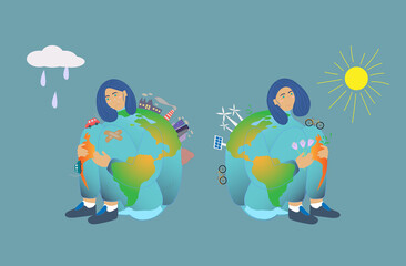 Happy earth and sad earth sitting together on blue background