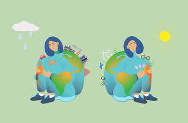 Happy earth and sad earth sitting together on green background