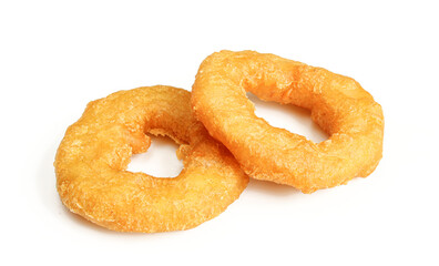 Deep fried squid rings isolated on white background.