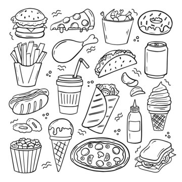 Set of fast food doodle. Burger, hot dog, sausage, onion, donut, drinks, fries and pizza in sketch style. Hand drawn vector illustration isolated on white background.