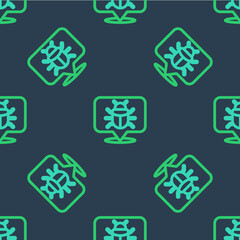 Line System bug concept icon isolated seamless pattern on blue background. Code bug concept. Bug in the system. Bug searching. Vector