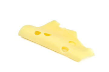 Thin slice of Mazdamer(maasdam) cheese isolated on white background