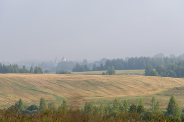 Hilly Belarusian landscape. Foggy morning. Sunrise over a field with trees and a church on the horizon.