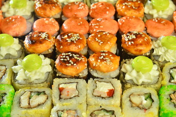 Sushi roll set background top view Japanese food
