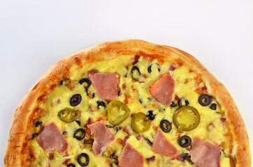 pizza with ham Cornish mushrooms, cheese and salami top view