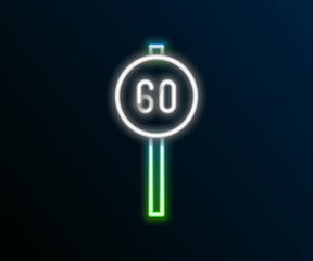 Glowing neon line Speed limit traffic sign 60 km icon isolated on black background. Colorful outline concept. Vector