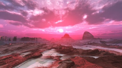 Panorama of an alien landscape, sunset on an alien planet, Titanium at sunrise, the surface of Titan at sunset, methane sea on an alien planet, 3D rendering - obrazy, fototapety, plakaty
