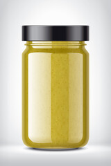 Glass Jar with Mustard on Background. 