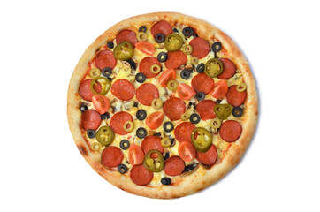 fresh italian classic original pepperoni pizza top view isolated on white background