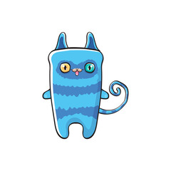 cute blue halloween cat isolated on white background. Cartoon happy black witch kitten with big eyes