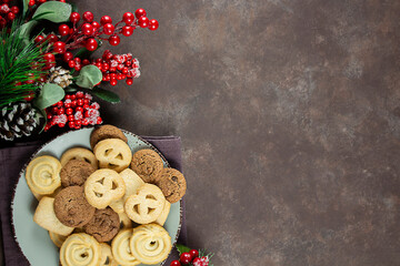 Fototapeta na wymiar Biscuit. Background texture. Chocolate sponge cake. Christmas. Place for text