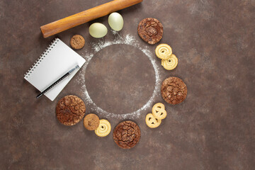 Biscuit. Background texture. Stack of cookies biscuit texture from biscuit biscuit tea cookies pattern. Crumpets as background. View from above. copy space