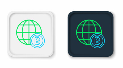 Line Globe and cryptocurrency coin Bitcoin icon isolated on white background. Physical bit coin. Blockchain based secure crypto currency. Colorful outline concept. Vector
