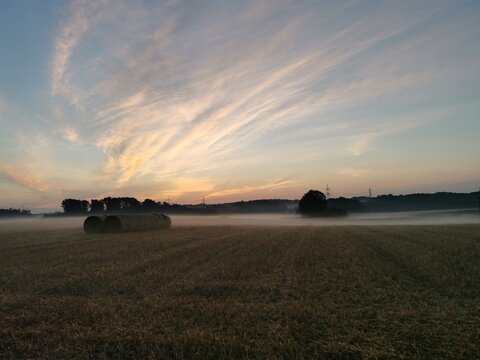 Sonnenaufgang, Nebel, in den fr&uuml;hen Morgenstunden, Strohballe