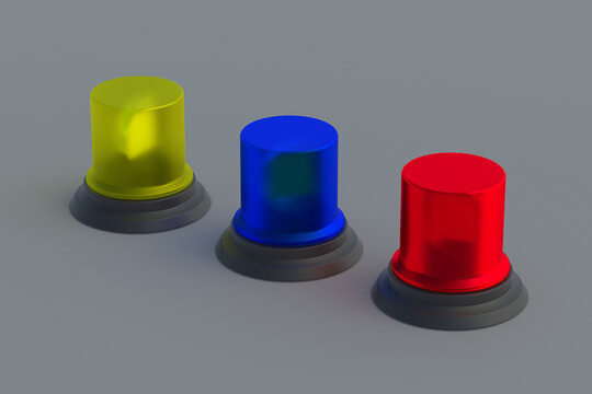 Set of flashers of red, blue and yellow colors on gray background. 3d render