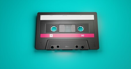 isolated background image of old classic cassette tape with blank label in vintage and retro audio recording and music storage concept