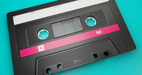 isolated background image of old classic cassette tape with blank label in vintage and retro audio recording and music storage concept