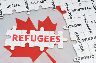 The flag of Canada features city name jigsaw puzzles and jigsaw puzzles with the words - refugees - obrazy, fototapety, plakaty