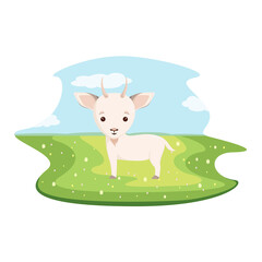 Cute goat on the background of green fields. A farm animal in a cartoon style.