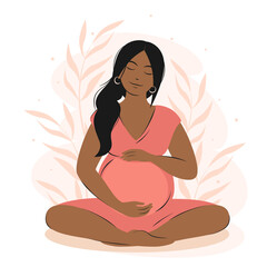 Pregnant woman woman with dark hair and skin meditates on the nature. Concept for yoga, meditation, health, care, pregnancy. Vector illustration