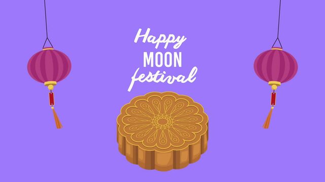 happy moon festival lettering with mooncake and lanterns