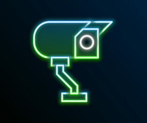 Glowing neon line Security camera icon isolated on black background. Colorful outline concept. Vector