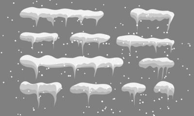 Icicle vector set. Winter icicles with snow on gray background
